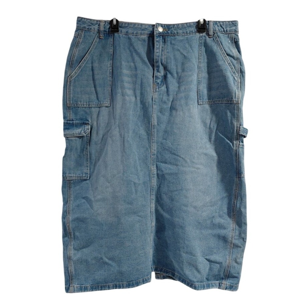 New York & Company Women XXL Light Wash Denim Carpenter Midi Skirt Cargo Utility